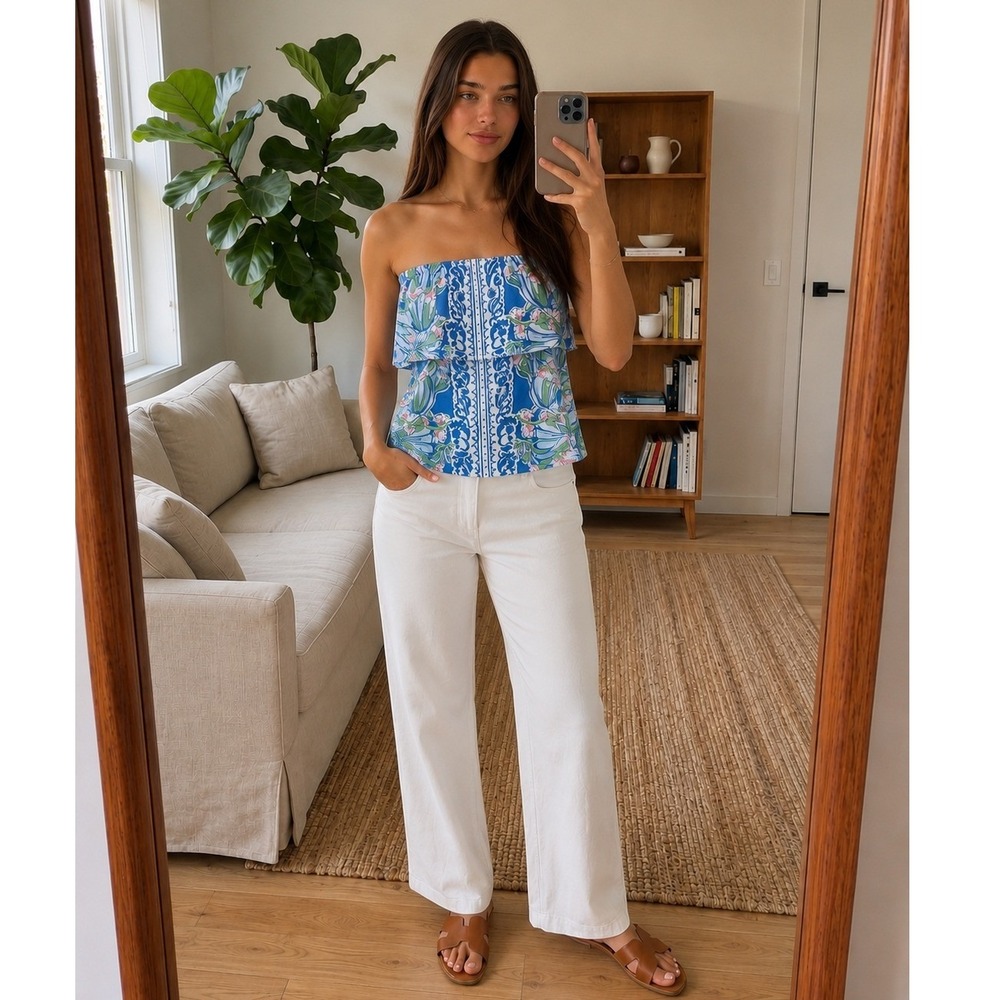 Lilly Pulitzer Wiley Ruffle Tube‎ Top in Bay Blue Size XS Preppy Resort Tropical